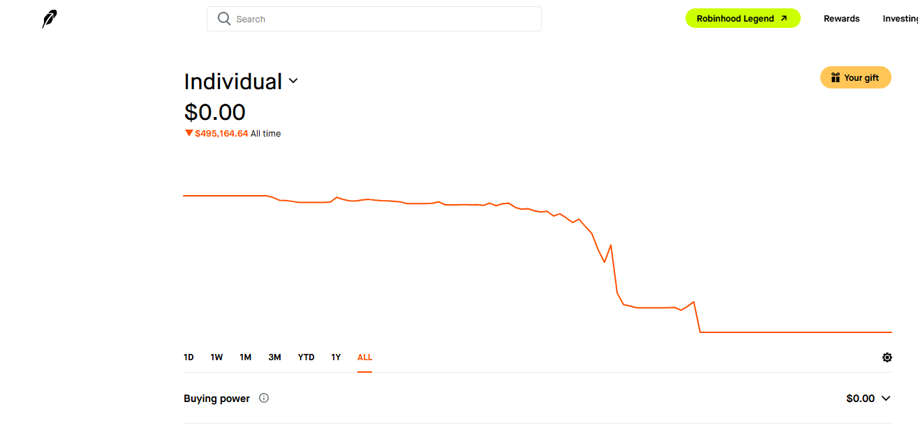 Founder's Robinhood account showing an all-time loss of $495,164.64